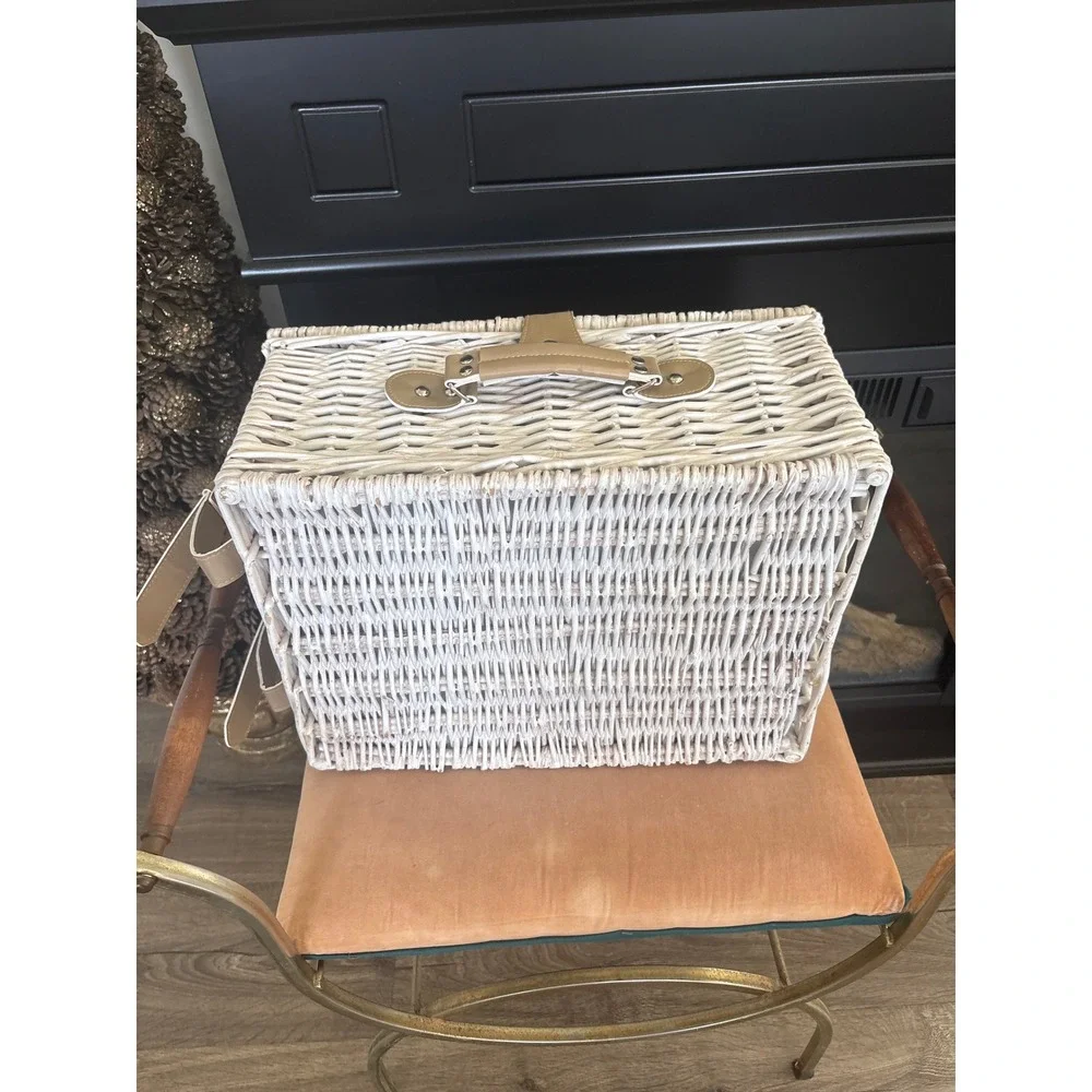Vintage White Wicker Picnic Basket Set Insulated Cooler Red Gingham Lining
